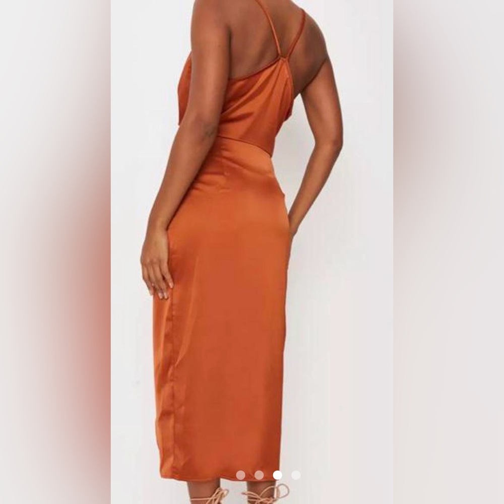 Missguided Asymmetrical Drape Rust Satin Midi Dress Size 4 - Picture 4 of 16